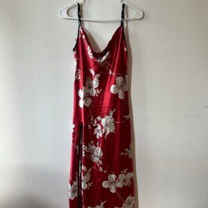 Bright Red Floral Silk Like Backless Dress with High Slit, Small